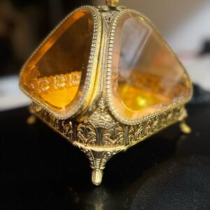 Rare Ormulo Amber Jewelry Casket Pyramid Gold Filigree beveled Glass large